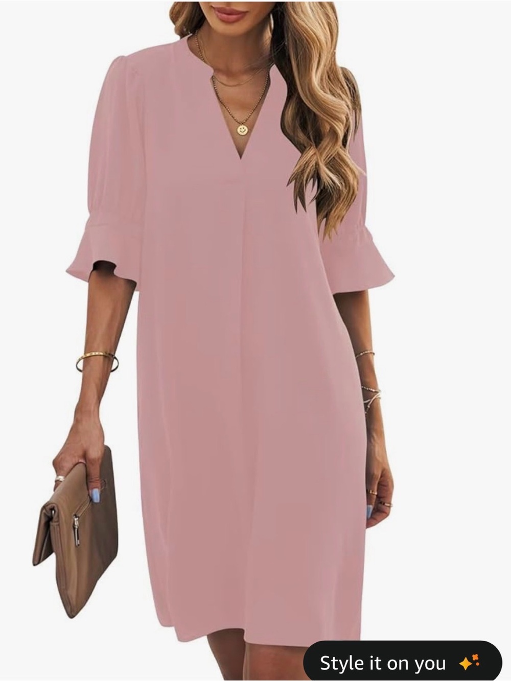 Dusty Rose V-Neck Short Sleeve Midi Dress